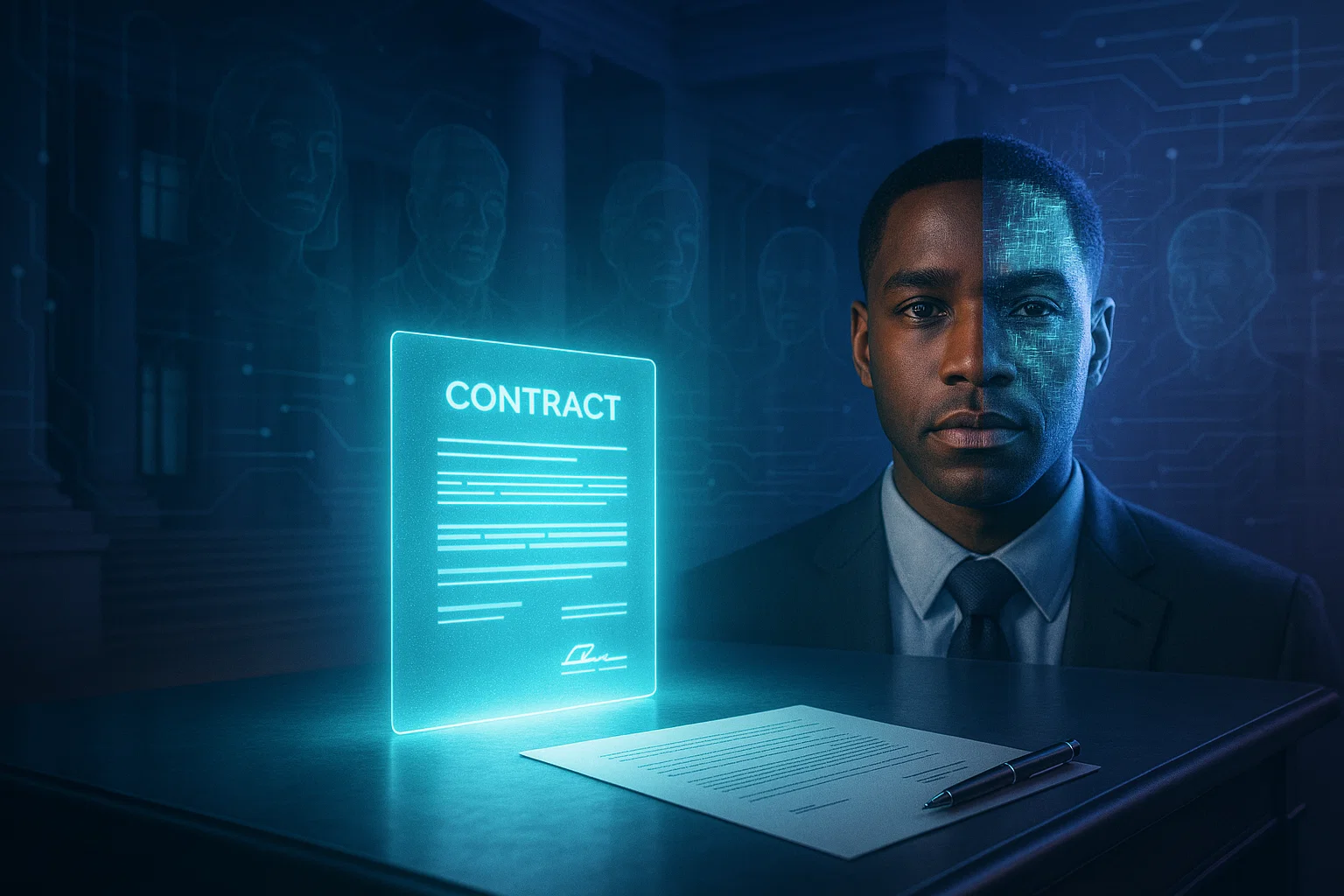 Actor facing forward with half of his face morphing into a digital grid, next to a glowing holographic contract on a desk, representing deepfake contracts and AI likeness protection in film and entertainment law.