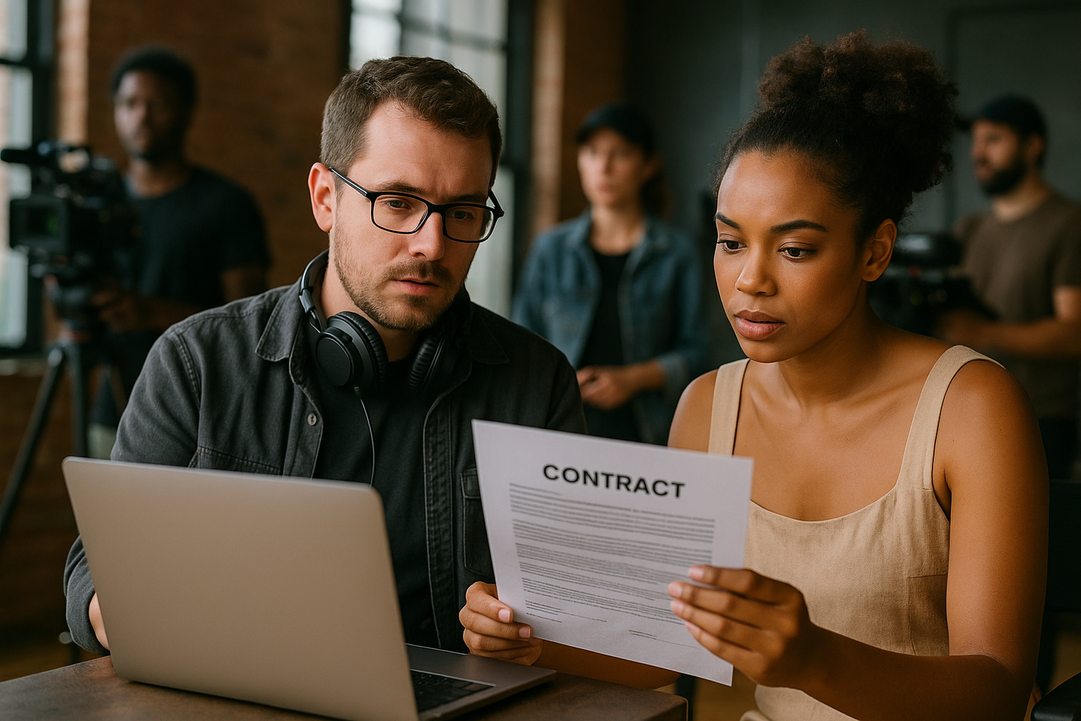 Independent filmmaker reviewing entertainment contract on set.