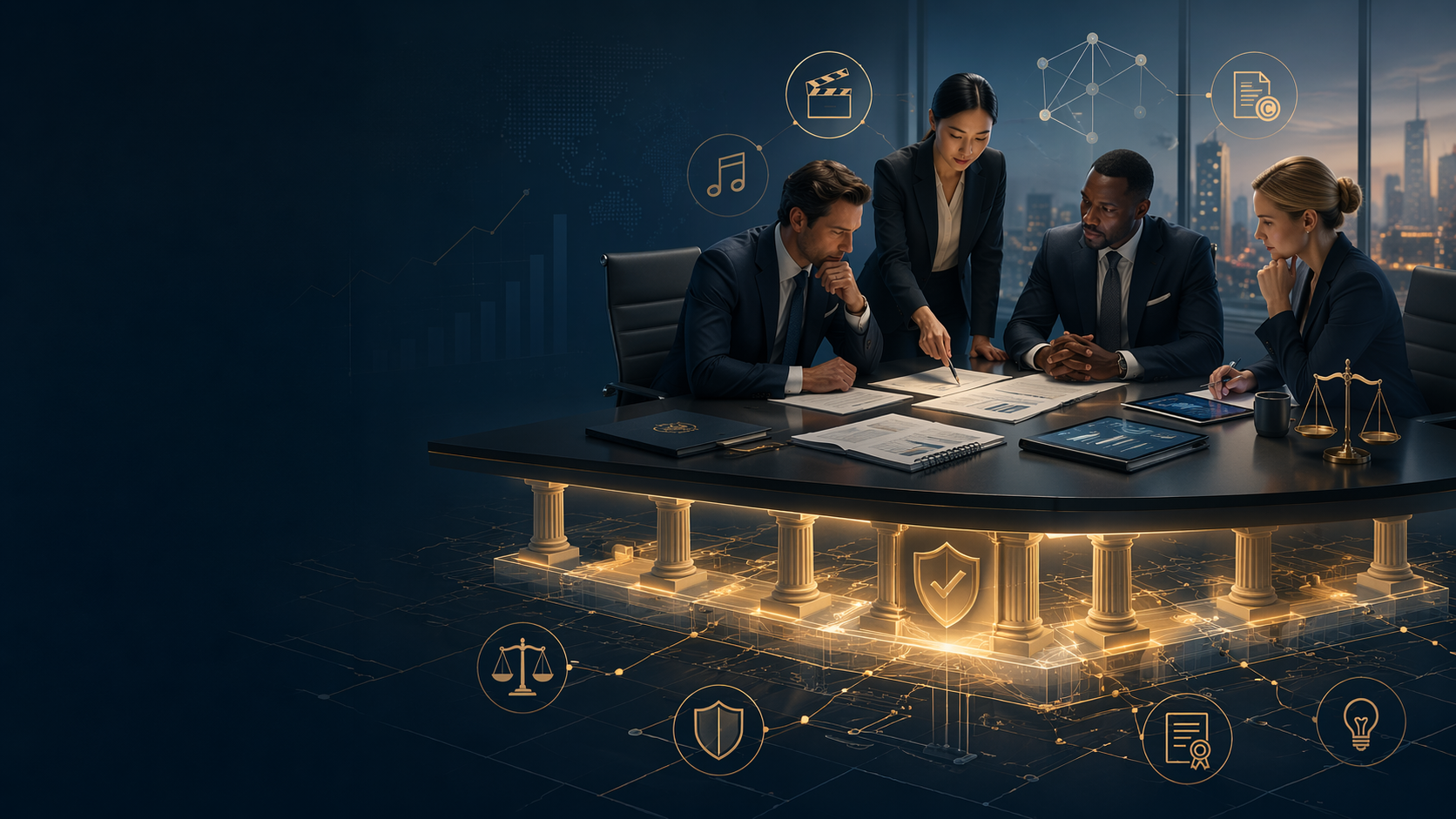 A split-level conceptual illustration showing a film production set and corporate offices above ground, supported by a glowing subsurface foundation where legal professionals analyze digital blueprints and contracts. This visual represents risk assessment as the solid foundation for the NYC business and entertainment landscape.